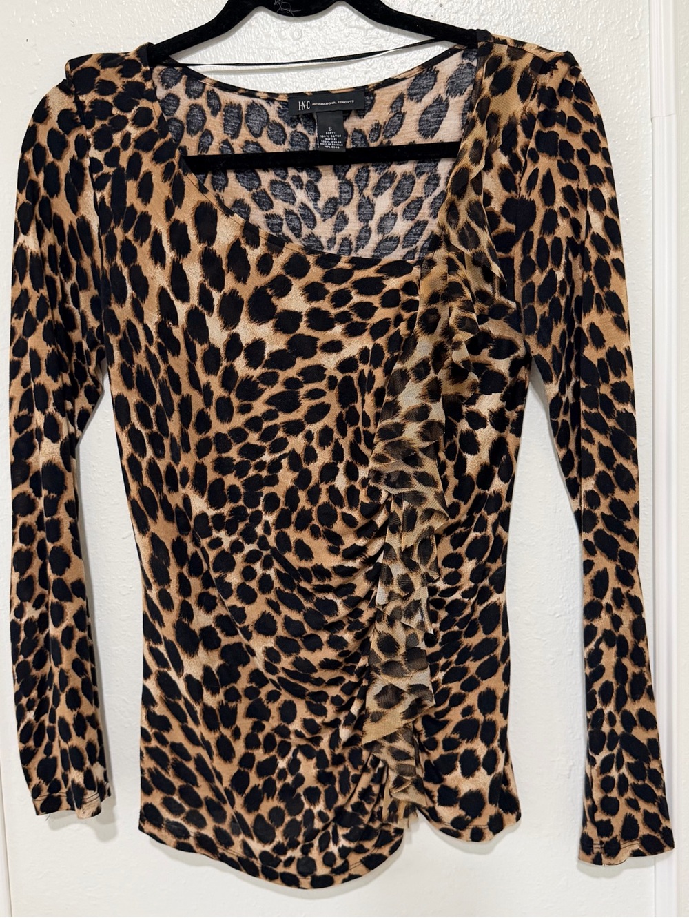 INC Leopard-Print Ruffle Long Sleeve Top - Tan/Black